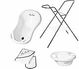 Lulu Design Baby-Badewannenset: 84 cm Badewanne mit Stöpsel, Anti-Rutsch-Matte + 84 cm Badewannenständer + Badetuch und Waschlappen + Babywaschschale – Marke: Lulu Design, Farbe: Farbe: weiß/schwarz