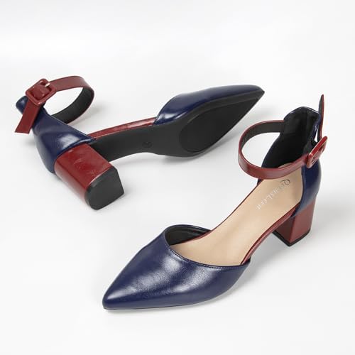 Women's Cute Two Tone Ankle Strap Buckle Heels Short Thick Block D'Orsay Pumps Ladies Comfortable Dressy Closed Pointy Toe Leather Shoes for Wedding Prom Party3