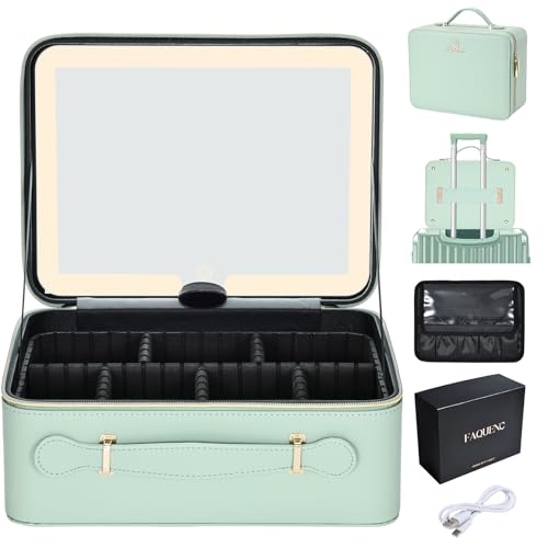 Leather Makeup Case with LED Lighted Mirror 11.4 Inch Travel Makeup Bag Adjustable Brightness in 3 Colors Cosmetic Organizer Artist Storage Bag with Dividers Brush Holder Storage Vanity Watery Blue