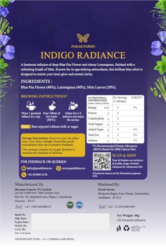 Image of Parah Farms Butterfly Pea Flower Tea Bags | Indigo Radiance Herbal Tea | Blue Tea with Lemongrass & Mint | Color Changing Herbal Tea | Caffeine-Free | 20 Biodegradable Tea Bags