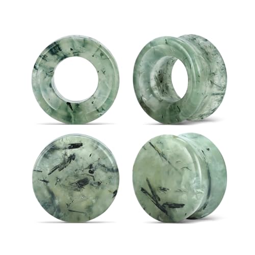 PUNKYOUTH 4PCS Natural Prehnite Stone Ear Tunnels Set Double Flare Ear Plug Gauges Unique Green Crystal Body Piercing Jewelry for Women Men 6mm to 25mm 2g to 1 inch Expansion Stretched Lobe