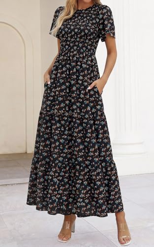 Image of PRETTYGARDEN Women's 2026 Summer Casual Flutter Short Sleeve Boho Floral Maxi Dress Crew Neck Smocked Tiered Long Dresses