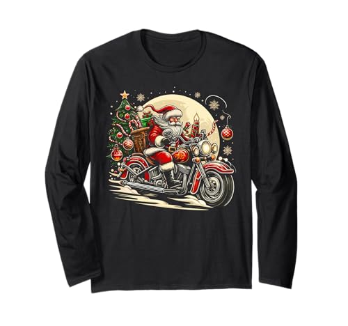 Mens Motorcycle Ugly Sweater Christmas Santa Riding Manga Larga