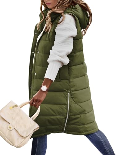 Wiepux Puffy Vest Women Long Plus Size Sleeveless Quilted Puffer Vests Winter Fall Chaquetas sin Mangas,Army Green,XXL