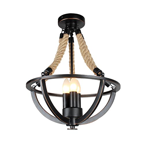 Lustre vintage en corde de chanvre à 3 lampes pour salon et salle à manger rustique