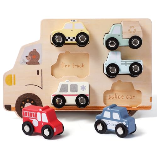 Wooden Cars Vehicle Set for Toddlers 1-3 Wooden City Cars and Trucks Toys for Boys Girls’ Educational Play