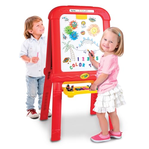 Crayola Creative Fun Double Easel - Magnetic Whiteboard & Chalkboard with Personalized Feature - Includes 77 Magnets Gears & Chalk - Foldable Kids Art Set
