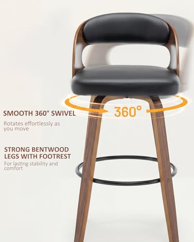 Image of AQG Swivel Bar stools Set of 4 Bar Chairs 30 inch Counter Height Mid-Century Modern Bentwood Barstool PU Leather Upholstered Bar Chair with Back and Footrest, for Bar, Cafe, Dining, Kitchen Island, Black