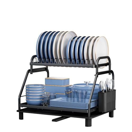 Large Capacity 2-Tier Dish Drying Rack with Removable Automatic Drainer & Cutting Board Holder - Space-Saving Kitchen Organizer for Plates and Utensils