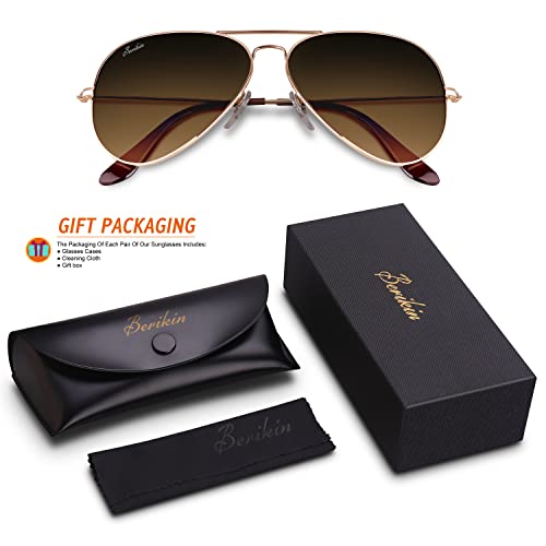 Classic Aviator Style Sunglasses For Men Women 100% UV400 Protection Brown Gradient Glass Lenses Gold Metal Frame 6