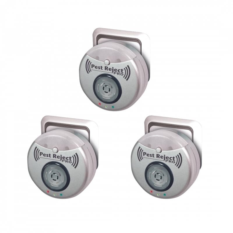 Pest Reject Pro - Lot de 3 - VENTEO - Répulsif nuisibles Repulse Power - Ultrasons et électromagnétisme - Couleur Gris - Couverture de Votre Maison de 200m² - Veilleuse intégrée