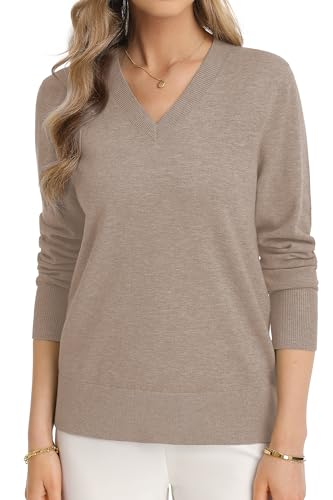 QUALFORT Women's Lightweight Sweater Wool Blend Long Sleeve V Neck Knit Pullover Sweater Business Casual Office Tops – Coffee L