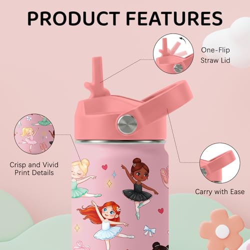 Image of Ballet Water Bottle for Son & Daughter, Stainless Steel Insulated Tumbler with Straw Lid and Handle, 12oz Reusable Leak-Proof Bottle for Sports