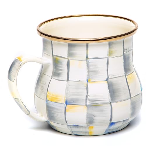 Image of MACKENZIE-CHILDS Enamel Mug, 16 Ounces, Gray-and-White Sterling Check