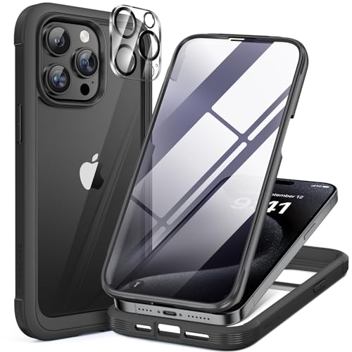 Image of Miracase Glass Series for iPhone 15 Pro Max Case 6.7 Inch, Full-Body Drop Proof Phone Case for iPhone 15 Pro Max with Built-in 9H Tempered Glass Screen Protector + Camera Protector, Black