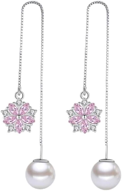925 Orecchini a goccia di goccia per cabine per ciliegia in cristallo rosa in argento sterling, orecchini a goccia di perle, tira attraverso orecchini penzolanti, gioielli per le donne