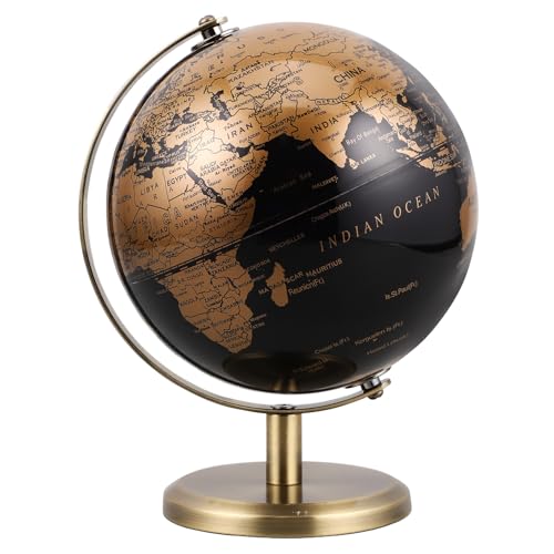 minkissy Globo Terráqueo Decorativo de Escritorio 14 CM Negro Dorado Soporte de Bronce Antiguo Globo Giratorio Europeo para Decoración del Hogar y Oficina Adorno Educativo y Elegante