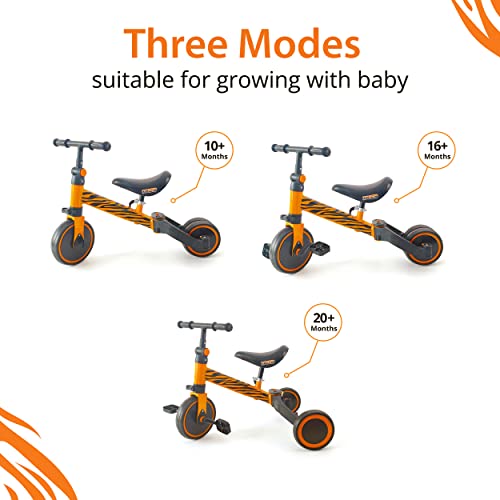 3 in 1 Kids Tricycles - Balance Training Bike Convertible Toddler Walker Riding Toys for 10 Month to 3 Year Old Boys Girls w/Removable Pedals, Carbon Steel Frame, Adjustable Seat Height (Tiger)