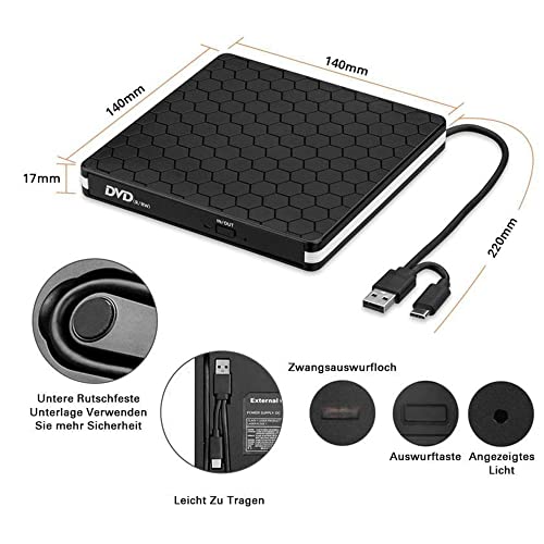 Lecteur CD DVD avec USB 3.0 graveur de CD type C ROM externe portable pour PC portable - 5