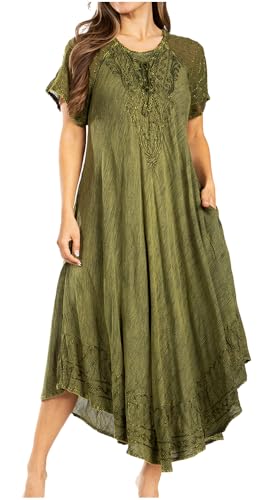 Image of Sakkas Egan Long Embroidered Caftan Dress /Cover Up with Embroidered Cap Sleeves