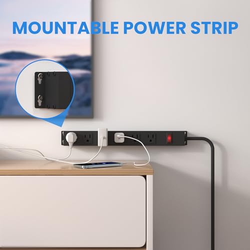 Image of 6 Outlet Power Strip with Wide Spaced and 10FT Power Cord,Wall Mount Metal Industrial Power Strip Heavy Duty for Commercial,Garage,School and Home,15A 125V 1875W,Black(10FT)