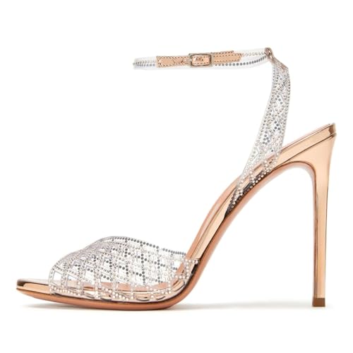 miss left Women Sparkly Rhinestone Open Toe Clear Sandals Stiletto High Heel Ankle Strap Gorgeous Wedding Party Shoes Size 4-16 US2