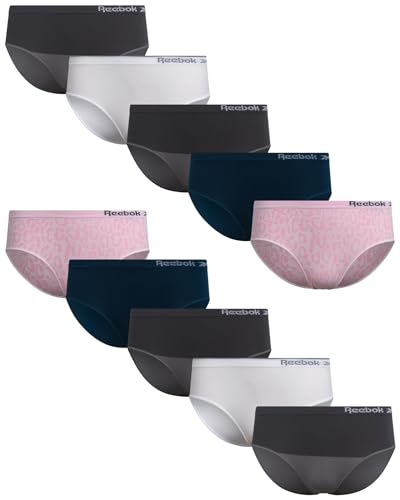 Reebok Girls Hipster Panties - 10 Pack Soft Performance Stretch Seamless Hipster Underwear for Girls with Elastic Waistband Size 8-10 White/Majolica Blue/Steel Grey/Pink Jacquard