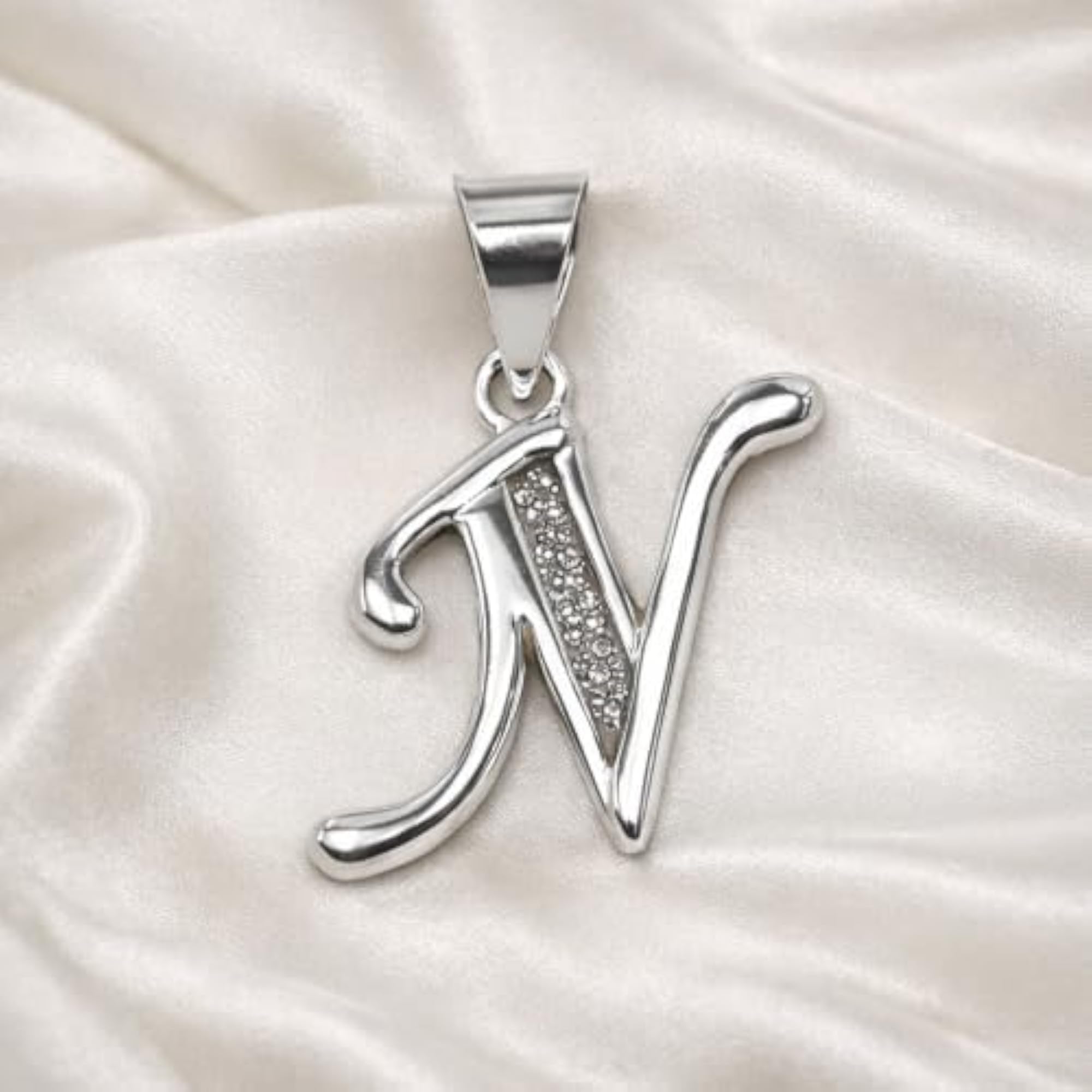 925 Sterling Silver Glittered N Alphabet Pendant, Gift