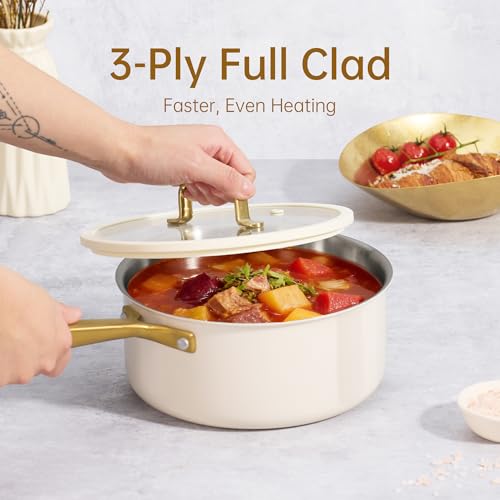 Image of CAROTE 1.5Qt & 3.0Qt Stainless Steel Saucepan Set with Steamer & Ladle, Non-Toxic 3-Ply Pot with Lids, Small Pots for Cooking, Oven Safe, Induction Compatible Cookware