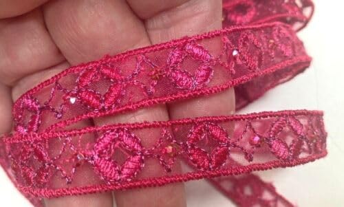 Hot Pink Embroidered Trim Hand Sewn 1/2" Sequins Glass Beads 1yd Fabric