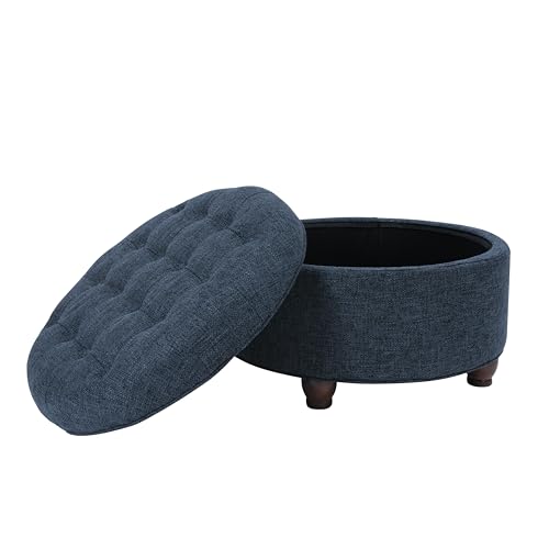 Image of Homepop Home Decor | Large Button Tufted Woven Round Storage Ottoman for Living Room & Bedroom (Navy Woven) 25 inch D x 25 inch W x 15 inch H