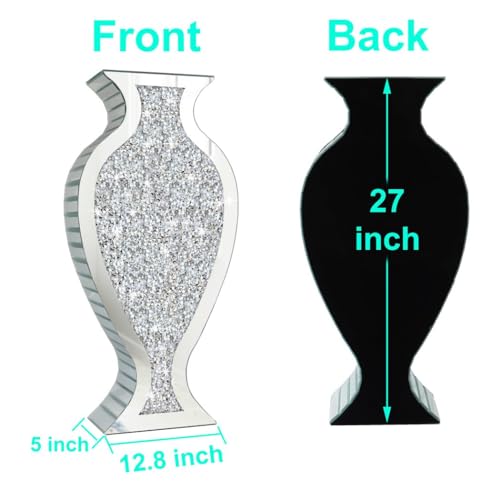 Allartonly Tall Floor Vase S Crushed Diamond Mirrored Vase 27” Tall, Crystal Silver Glass Decorative Mirror Large Vase Luxury for Home Decor Flower Arrangement Can’t Hold Water.