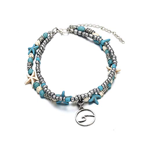 Image of Softones Blue Starfish Turtle Anklet Multilayer Charm Beads Sea Handmade Boho Anklet Foot Jewelry for Women