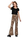WDIRARA Girl's 2 Piece Button Front Tee and Bell Bottom Leopard Print Flare Pants Set Multicolored 140