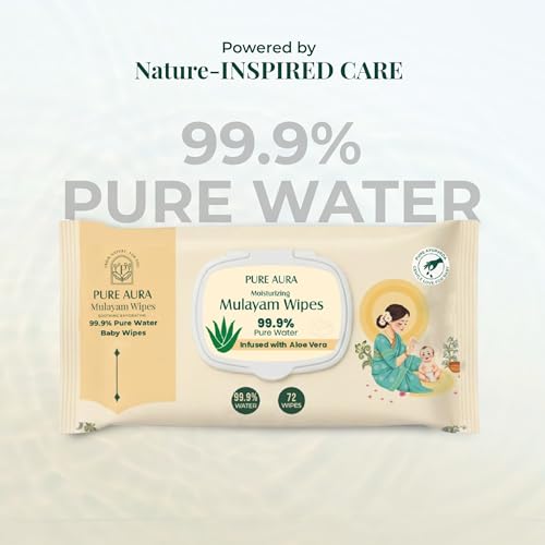 Image of Pure Aura Baby Wipes 72 Pulls - Doctor Recommended 99.9% Pure Water Wipes with Aloe Vera | Ultra Soft, Thick & Plant-Based | Gentle for Newborns & Sensitive Skin