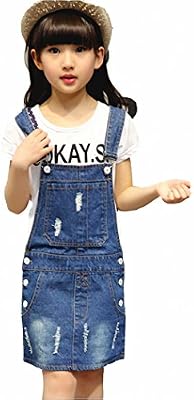 KIDSCOOL SPACE Little Girls Jean Overall Dress,Ripped Adjustable Denim Jumpers,Blue,12-13 Years