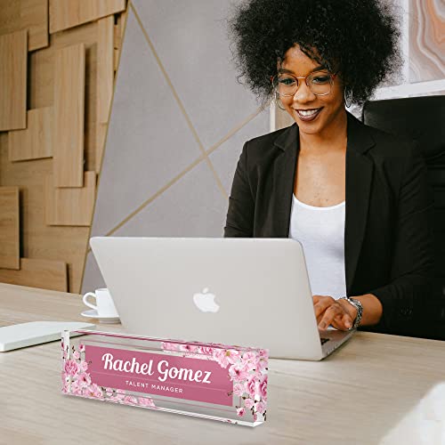 Name Plate For Desk Personalized - Custom Name Plates For Work, Ideal Office Decor For Men And Women, Phd And Doctor Gifts, Clear Acrylic Desk Name Plate | Customized Gifts (8" X 2.5") (Pink Floral) #TOP4