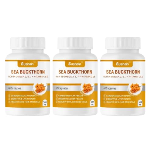 Image of Sushain Sea Buckthorn Capsules | Omega 3, Omega 6, Omega 7, Omega 9 + Natural Vitamin C | Liver, Heart & Skin Health | Immunity & Antioxidant Support | Ayurvedic Supplement (pack-3)