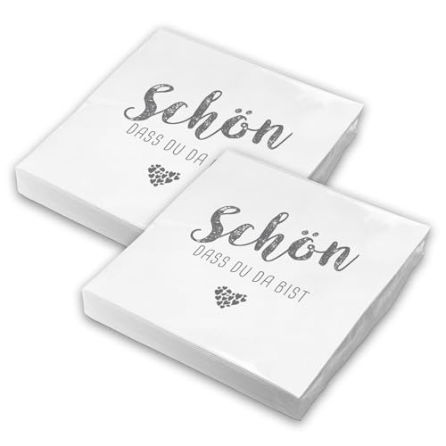 itenga Servietten Schön dass du da bist 30 x 30cm 3-lagig 40 Stück für Kommunion Konfirmation Hochzeit Taufe und andere Feiern (weiß)