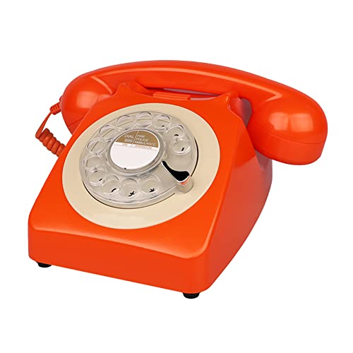 Teléfono fijo retro con disco giratorio color naranja