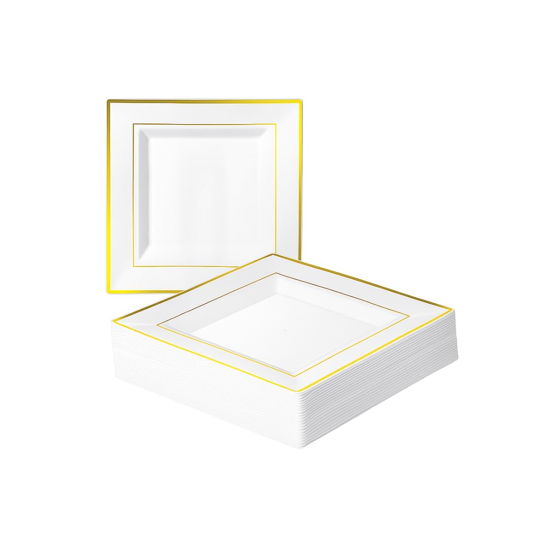 MATANA 40 Premium Square White Plastic Dessert Plates with Gold Rim, 16.5cm / 6.5 Inch - Reusable Small Side Plates, Starter Plates for Weddings, Birthdays, Picnic, BBQ, Parties