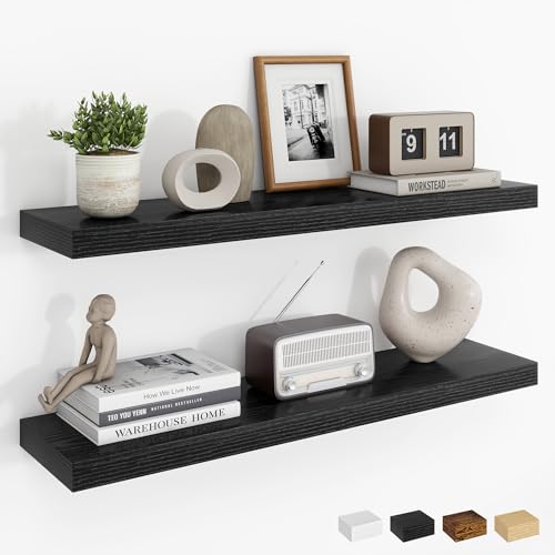 Dreamland 30Inch Floating Shelves for Wall Rustic Wooden Black Floating Shelves for Bathroom|Bedroom|Kitchen Deep Wall Mounted Book Shelf Wood Storage Display Shelf for Home Decor Set of 2
