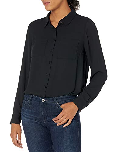 Amazon Brand - Lark & Ro Women's Georgette Long Sleeve Button Up Woven Top, BLACK, L