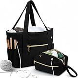 Bulyoou 2 Pcs Crochet Bag and Tote Set Corduroy Yarn Bag for Hooks Organizer Yarn Holder for Crochet Lovers Knitting Accessories (Black)