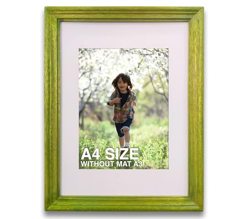 Image of A4 Size Wooden Photo Frame with Mat, Green Photo Frame for Wall Decoration, Home Decor for Wall Hanging, Best Wooden Photo Frame for Posters and Photos (A3 Size Matted to A4 Size)