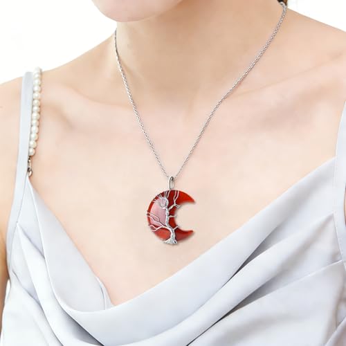Image of XIANNVXI Tree of Life Wire Wrapped Crescent Moon Pendant Necklace Reiki Healing Crystal Stone Necklaces Natural Gemstone Quartz Jewelry for Women