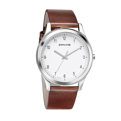 Sonata Quartz Analog White Dial Brown Leather Strap Watch...