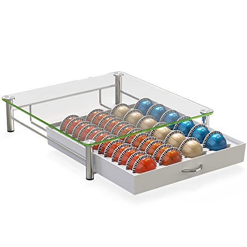 Decobros Vertuo Pod Holder Vertuoline Drawer Storage For Coffee Capsules, Crystal Tempered Glass, White #TOP6