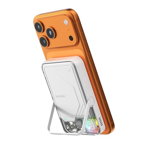 sharge ICEMAG 2 MagSafe Power Bank 15W Qi2 Magnetic Portable Charger with Active Cooling 10000mAh(5000mAh*2) Battery Pack with Foldable Stand Transparent Design for iPhone 17/16/15/14 Series