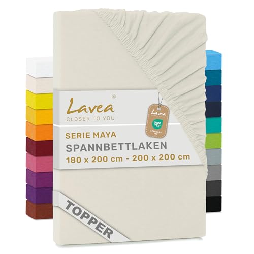 Lavea® Topper Spannbettlaken 180x200 cm - 200x200 cm Maya Jersey, Bettlaken aus 100% Baumwolle, Bettbezug mit Rundumgummi, Matratzen bis 10 cm, atmungsaktiv, Spannbettücher, Creme Naturweiß